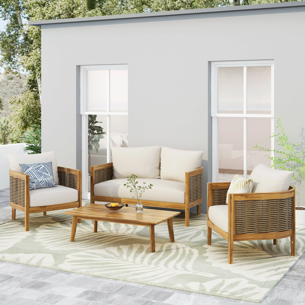 Morrow Outdoor Acacia Wood 4 Seater Chat Set with Cushions, Teak, Mixed Brown, and Beige