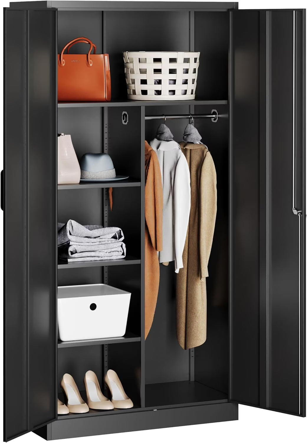STANI Metal Locker Storage Cabinet, Employees Locker with Hanging Rod Bar, 71 Black Tall Steel Wardrobe for Home, School, Office (Assembly Required)
