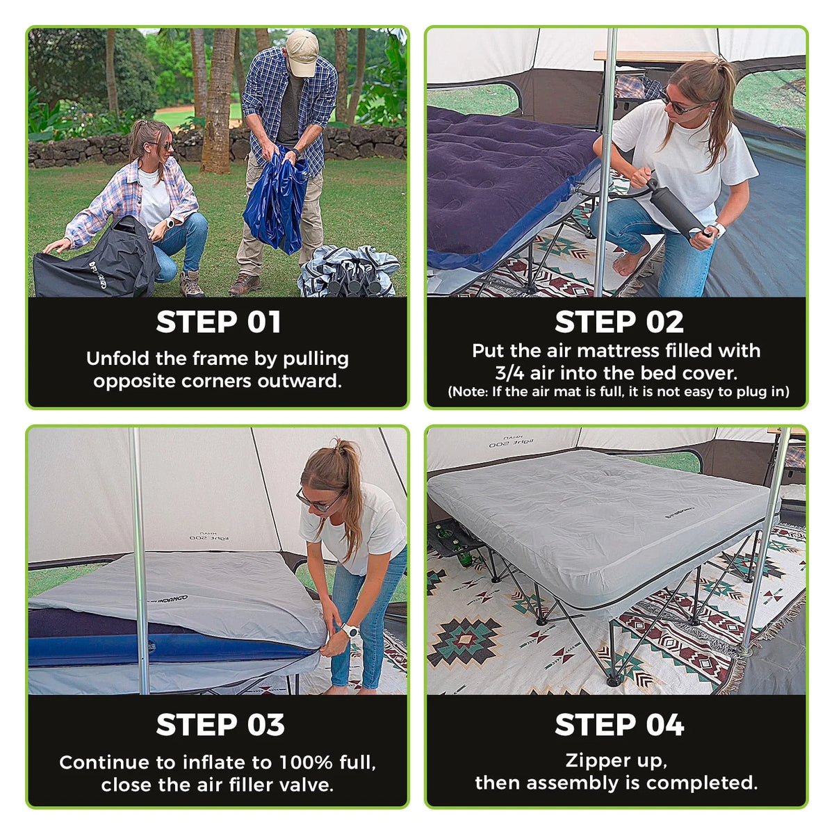 FUNDANGO 2 Person Folding Camping Cots with Air Mattress and Pump Comb, Double Portable  Inflatable  Camp Bed with Side Table, Support 529lbs Camping Bed Queen Size for Adults