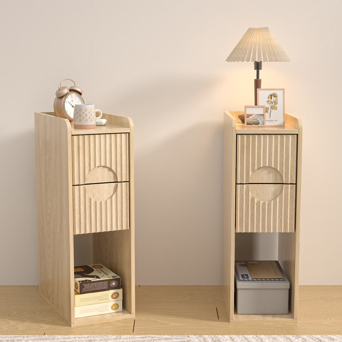 End Tables Set of 2, Small Side Table, Slim Side Table, Wood 2 Drawer Narrow Nightstand