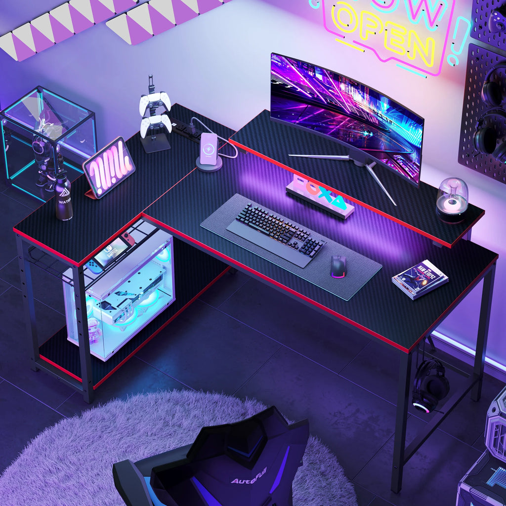 Bestier 52" Gaming Desk with LED Lights L Shaped Desk with Power Outlet & Monitor Stand Corner Computer Desk in Carbon Fiber