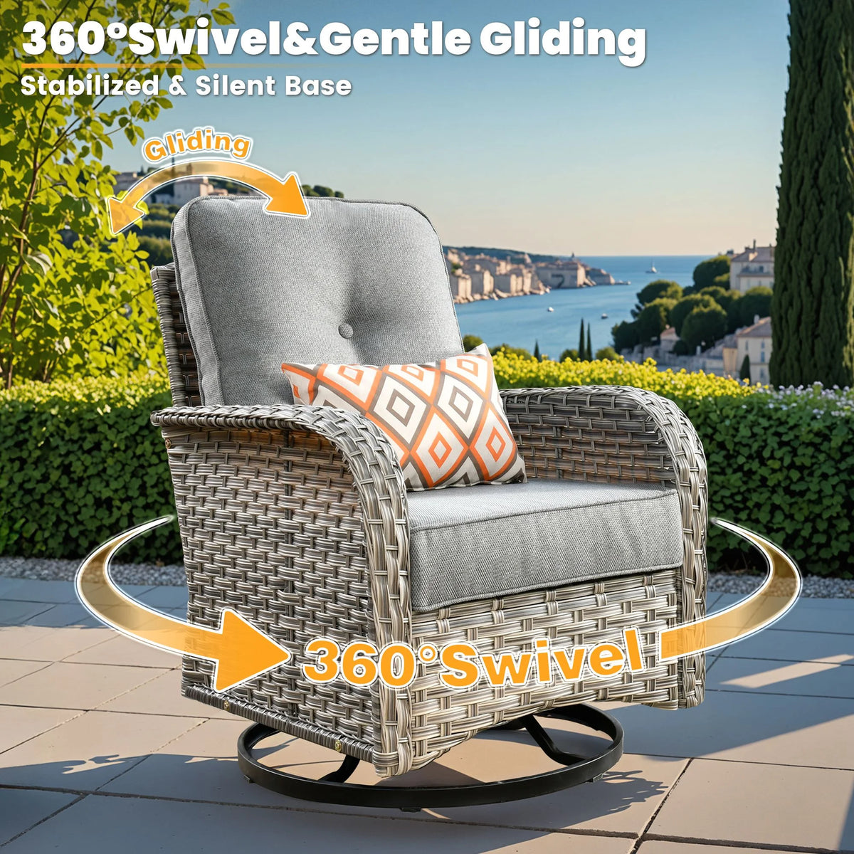 Vcatnet Outdoor Patio Furniture Sets 10 Pieces Sectional Sofa Wicker Conversation Set with Swivel Glider Chairs and Solar Powered Coffee Table for Porch,Backyard,Gray