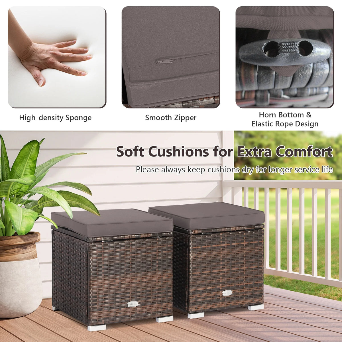Costway 2PC Patio Rattan Ottoman Seat Side Table Storage Box Footrest Off White