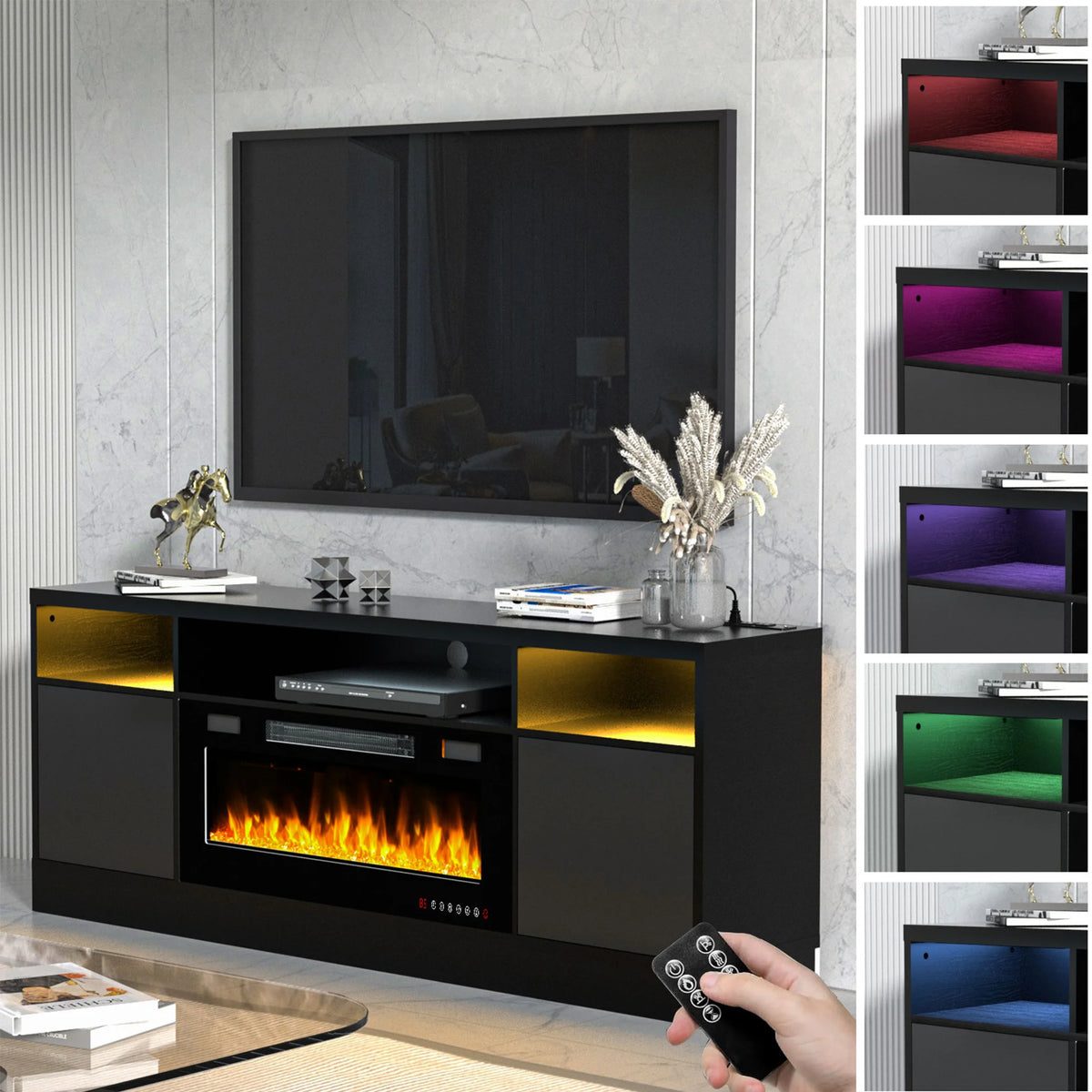BREEZEHEAT Electric Fireplace TV Stand-70 inch TV Stand with 36" Electric Fireplace-Living Room Tv Cabinet with Storage for TVs Up to 80"-Led Entertainment Center Modern Media Console (Black)