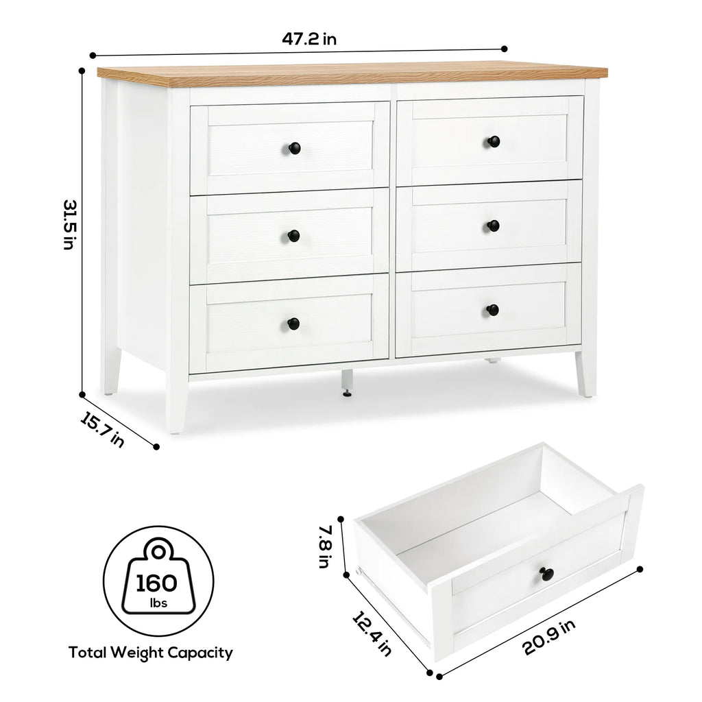 RichYa 6 Drawer Dresser for Bedroom,Chest of Drawers with Metal Knobs,Dresser for Closet,White