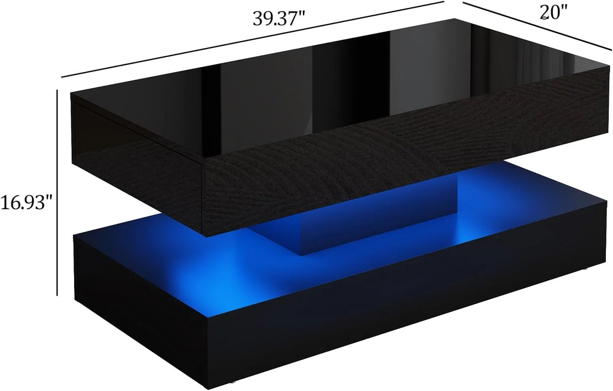 ChVans Large Black LED Coffee Table with 2 Storage Drawers, Modern High Gloss Coffee Table w/20 Colors LED Lights/APP Control, 2 Tiers Rectangle Large Living Room Furniture w/Marbling Print(47.3")