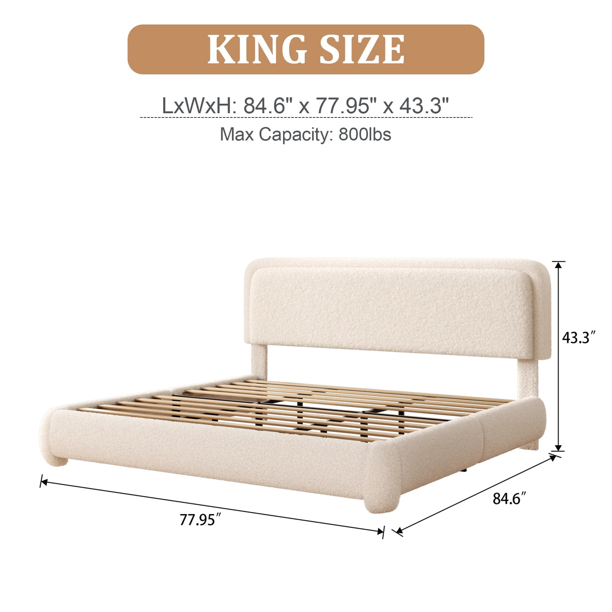 VIPLOV King Size Boucle Bed Frame, Cloud Upholstered Platform Bed with Height Adjustable Headboard & Soft Rounded Corners, No Noise Free, Easy Assembly,Beige