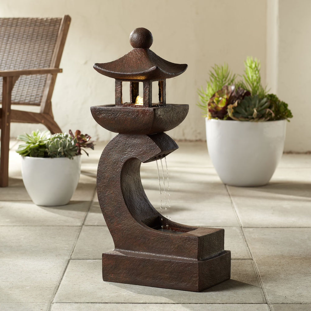 Pagoda 31" High Large Zen Japanese Indoor Outdoor Decor Rust Stone Floor Fountain with Light LED Outside