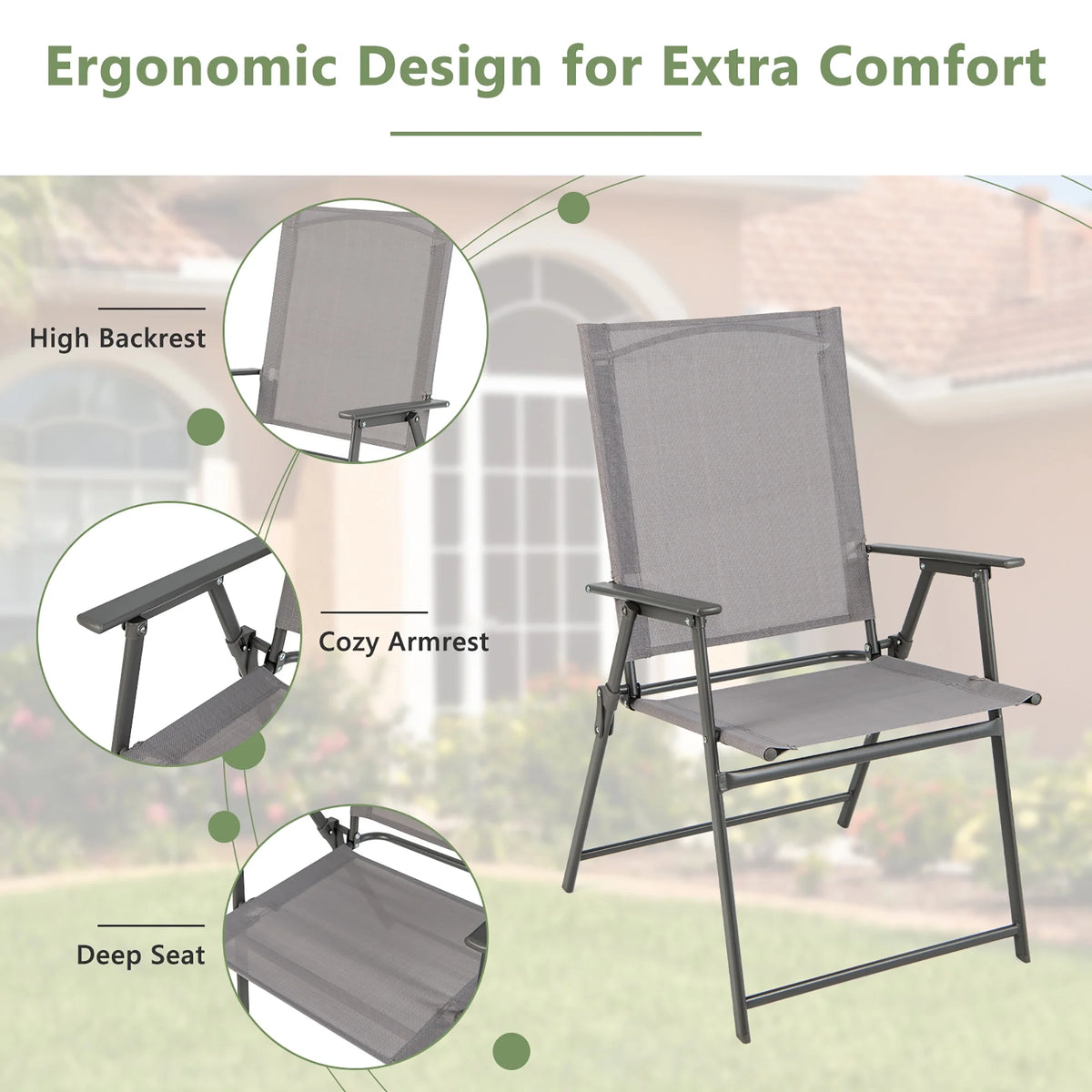 Costway 4pcs Patio Folding Portable Dining Chairs Metal Frame Armrests Garden Black