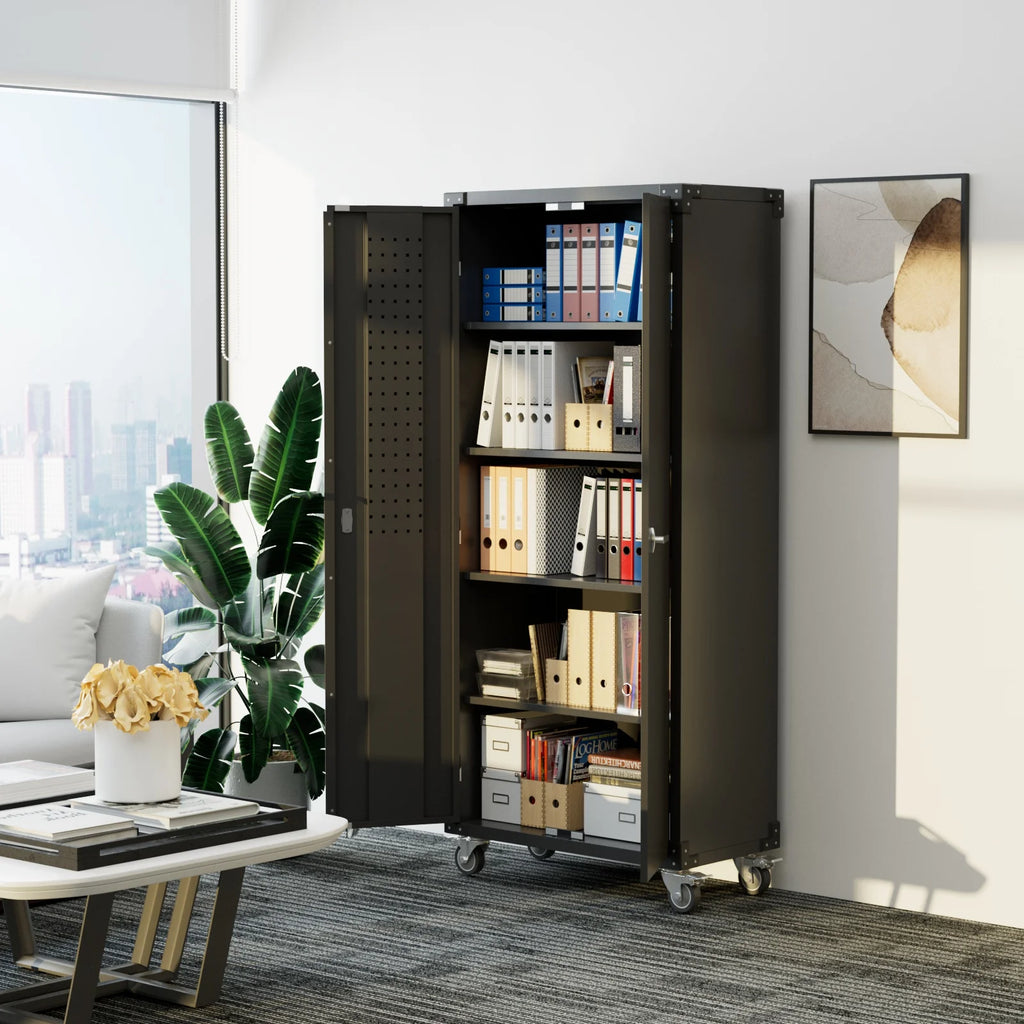 GangMei 71 Inches Tall Metal Garage Storage Cabinets with 5 Adjustable Shelves & Pegboards, Lockable Steel Black Storage Cabinet with Doors for Office, Home, School, Shops, Garage, Assembly required