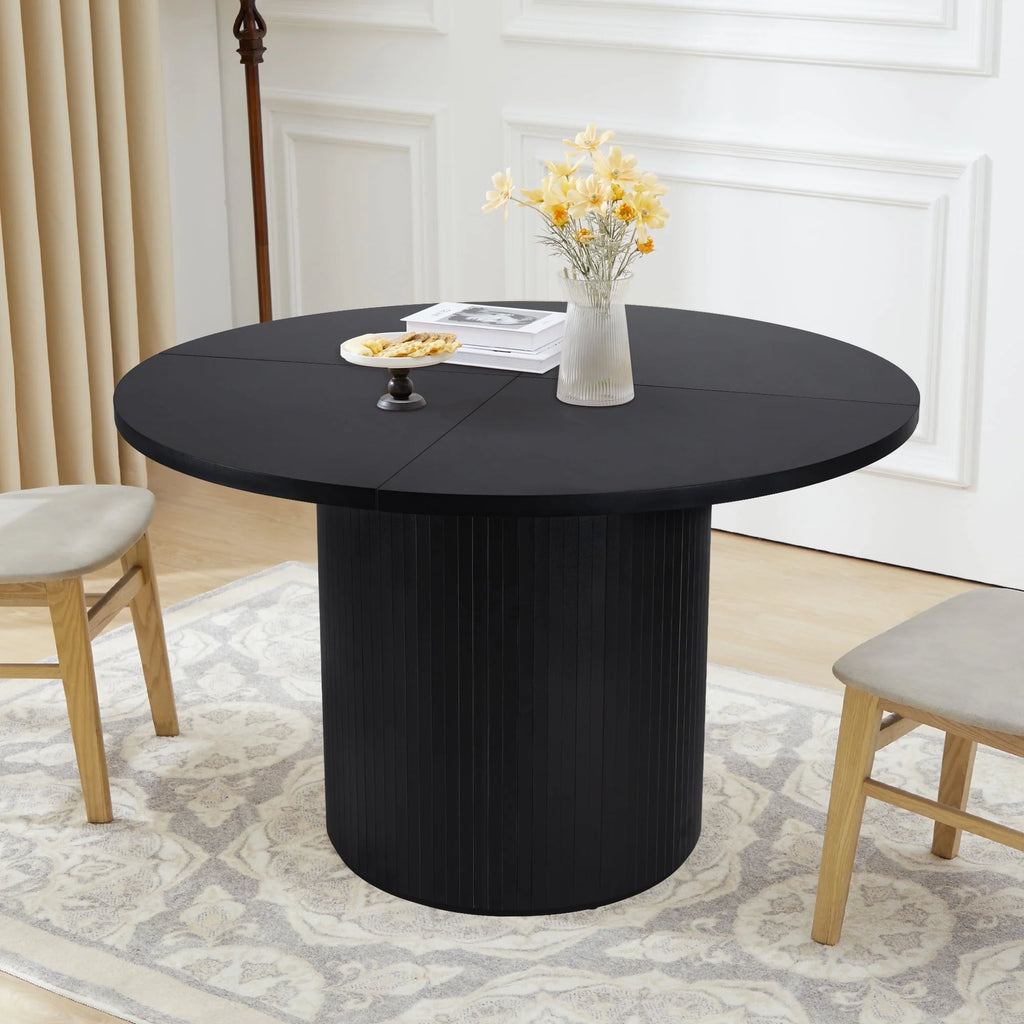 Wirrytor Round Dining Table, Modern Farmhouse Kitchen Table, 47 Inch Coffee Circle Dining Tables with Wood Strip Base for Kitchen Living Room, Black