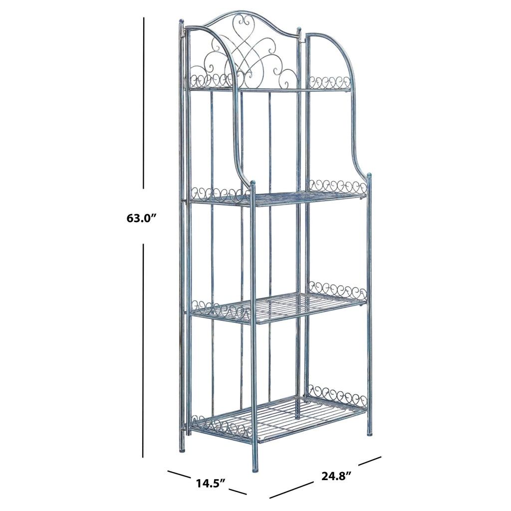 Safavieh  Amaris Victorian Wrought Iron 4-Tier Outdoor Bakers Rack. - 25 in. W x 15 in. D x 63 in. H Antique Blue