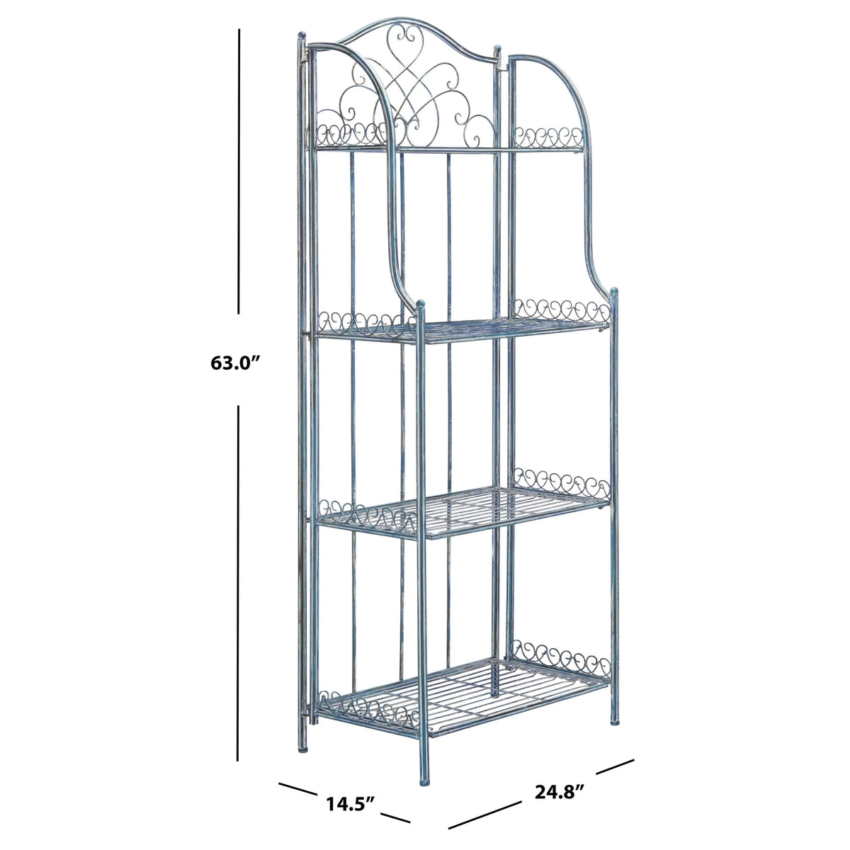 Safavieh  Amaris Victorian Wrought Iron 4-Tier Outdoor Bakers Rack. - 25 in. W x 15 in. D x 63 in. H Antique Blue