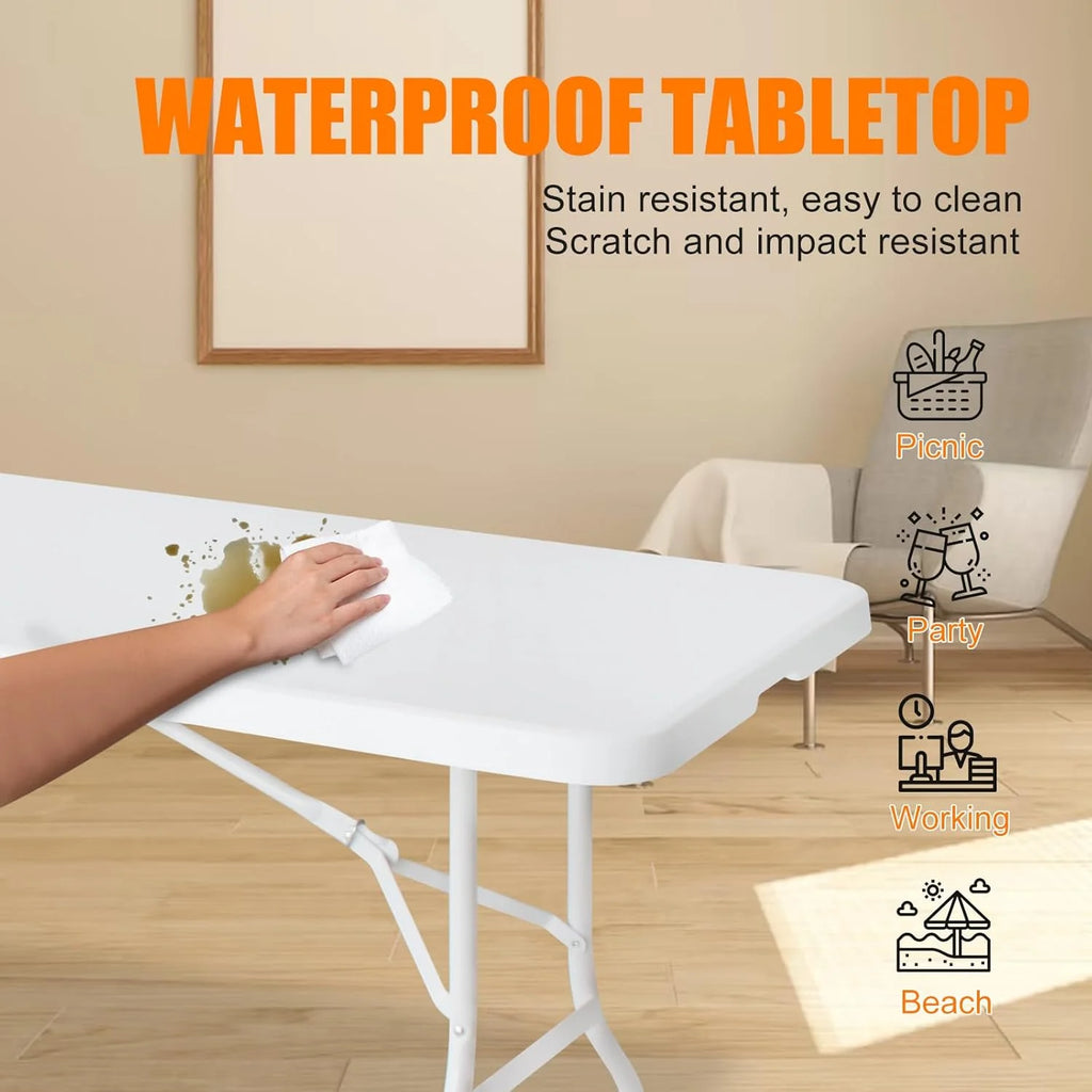 Folding Table with Carry Handle, Portable Fold-in-Half Plastic Table, Rectangle Foldable Table for Indoor