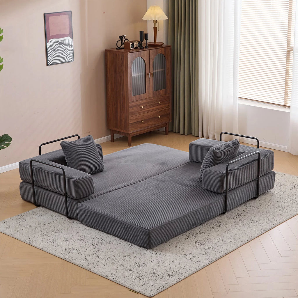 Taicans Convertible Floor Sofa Bed - 3 Seats Foldable Corduroy Futon Couch w/Pillow Support,Space-Saving Guest Bed for Living Room,Dorm,No Assembly Compressible Foam Mattress (Gray,76.7Inch L)