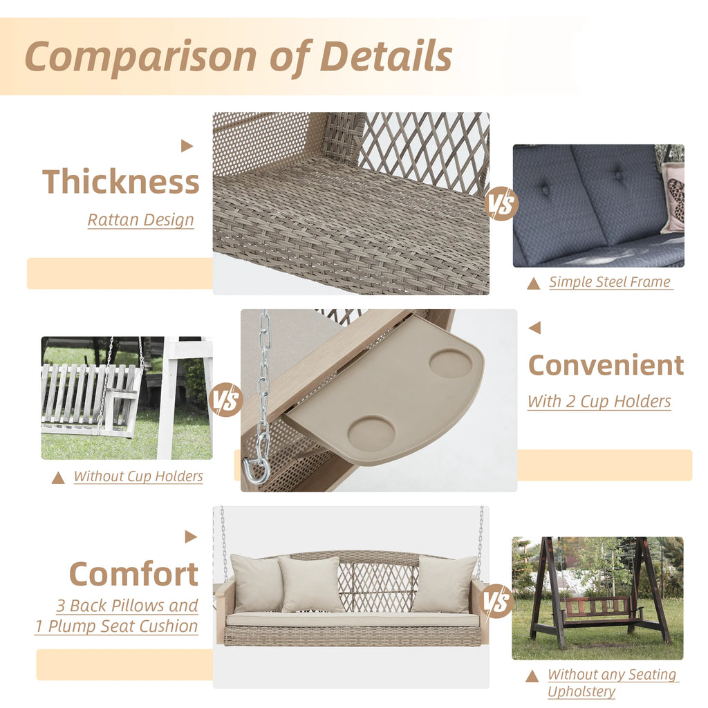 Homrest 3-Person Porch Swing 55in Wicker Hanging Swing Bench with Cushions and Cupholders for Deck, Garden and Backyard, Beige