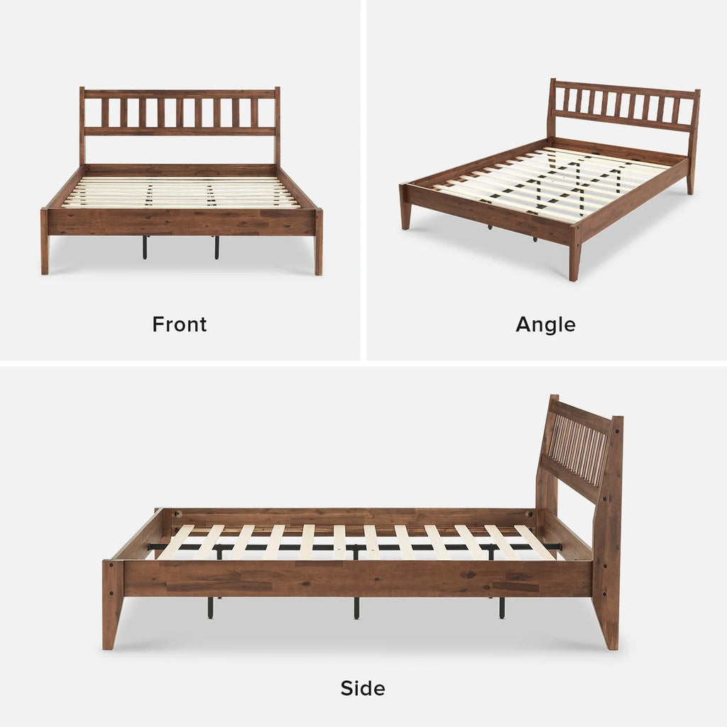Mopio Ted Queen Bed Frame with Headboard, Full Size Bed Frame, Mid Century Modern Acacia Solid Wood Platform Bed Frame, Wooden Bed Slats, No Box Spring Needed, Double Metal Bar Support, Walnut