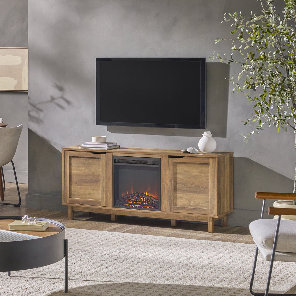 Walker Edison Transitional 2-Door Fireplace TV Stand for TVs up to 65, Reclaimed Barnwood