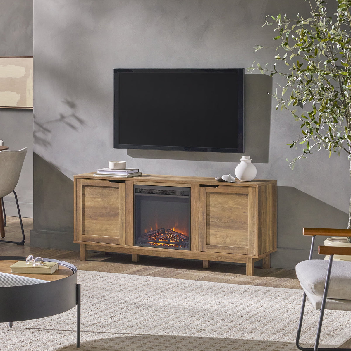 Walker Edison Transitional 2-Door Fireplace TV Stand for TVs up to 65, Reclaimed Barnwood