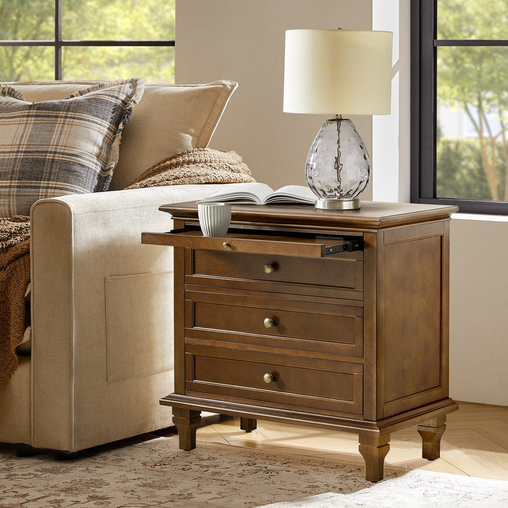 Farmhouse 3 Drawers Nightstand with Tray Bedside Table with Charging Station Acorn