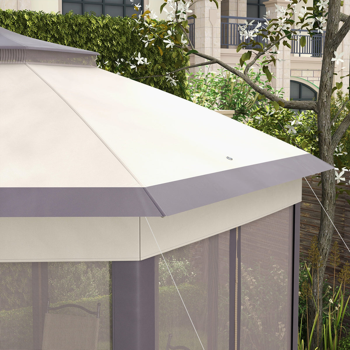 Outsunny 13' x 13' Pop Up Gazebo Hexagonal Canopy with 6 Zippered Mesh Netting, 2-Tier Roof Event Tent with Steel Frame for Patio Backyard, Gray