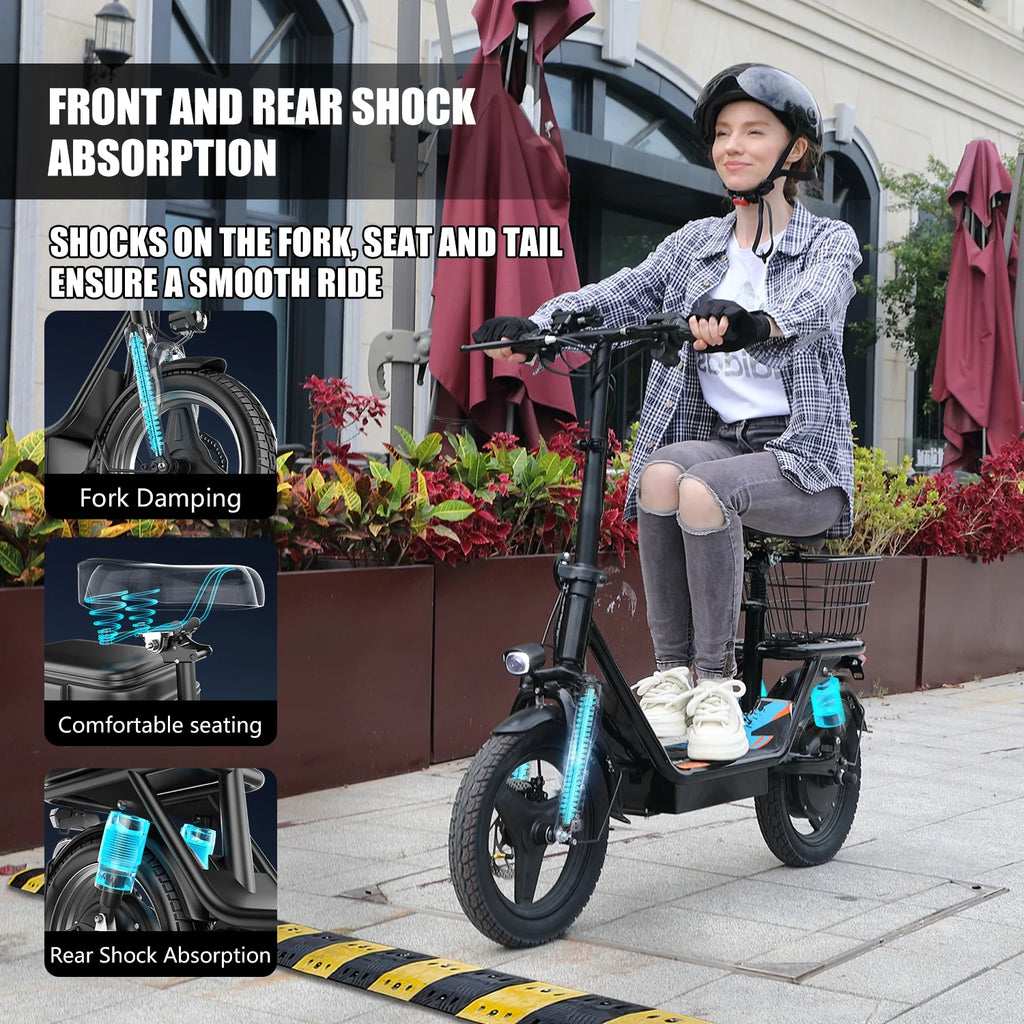 AZHAR 500W Electric Scooter with Seat for Adults, 25 MPH, 35 Miles, 48V 13Ah, 14" Tire