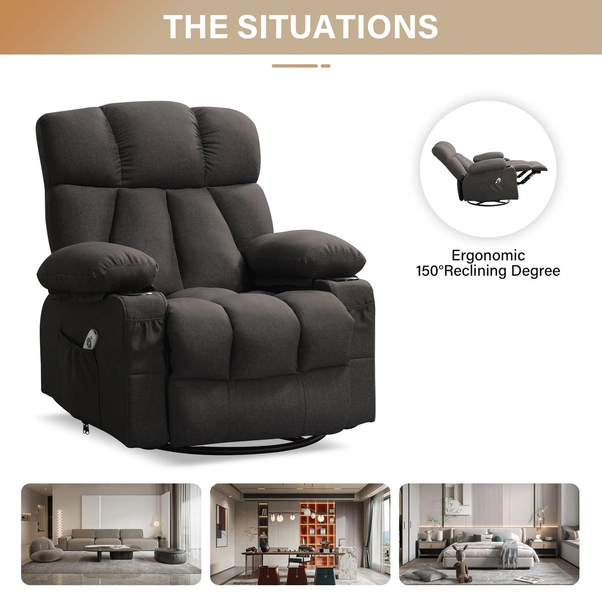 JONPONY Manual Recliner Chair with Heat Therapy and Massage Function, Heavy Duty Reclining Mechanism Massage Chair, Elderly Single Rocker Sofa with Cup Holders for Bedroom Home Theater,Grey