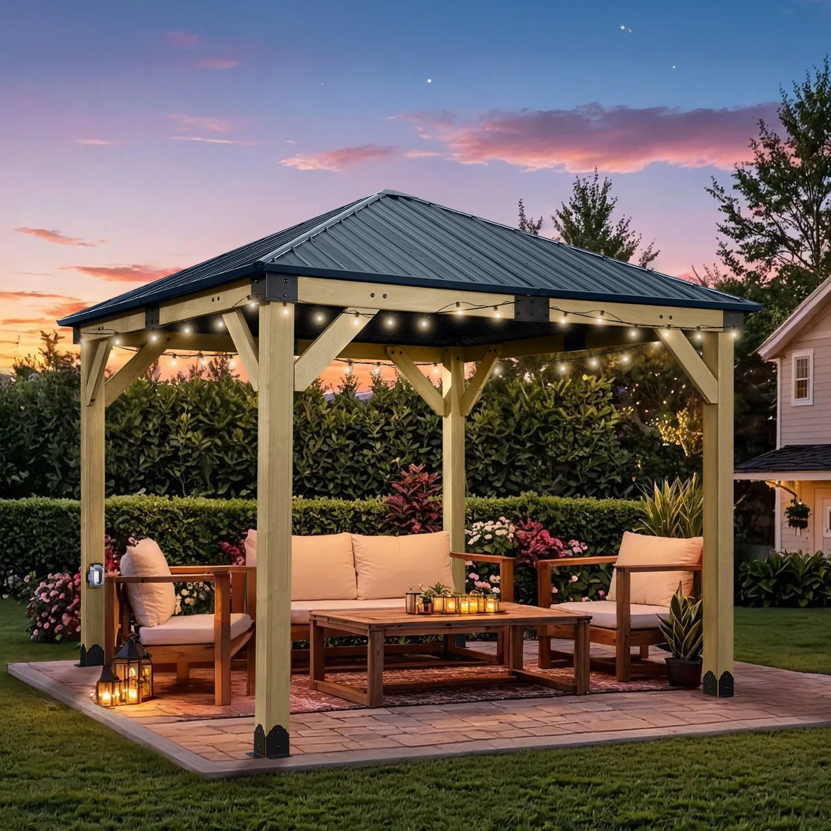 Aoodor 10 x 12 ft Wooden Frame Gazebo with 2-Tier Galvanized Metal Hardtop Roof, Outdoor Patio Gazebo with Charging Socket for Patio, Backyard, Deck, and Lawn
