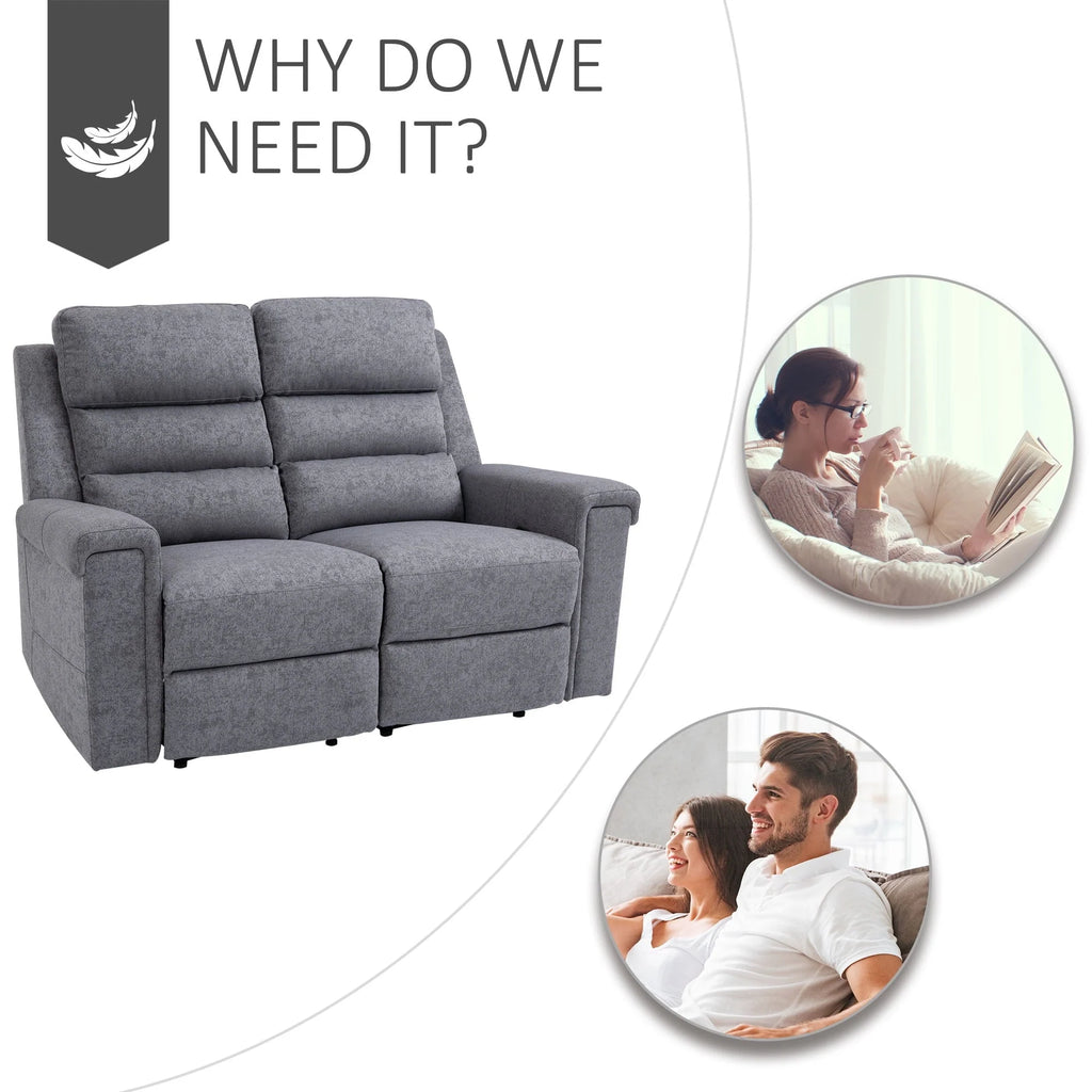 HOMCOM Modern 2 Seater Manual Reclining Sofa Loveseat Couch with Linen Fabric and Thick Sponge Padding for Living Room, Grey