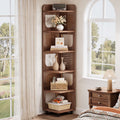 Fnova 71" 6-Tier Tall Corner Bookshelf, Rustic Wooden Narrow Corner Bookcase with Artistic Square Rack, Freestanding Display Storage Shelf for Space-Saving Home Organizing