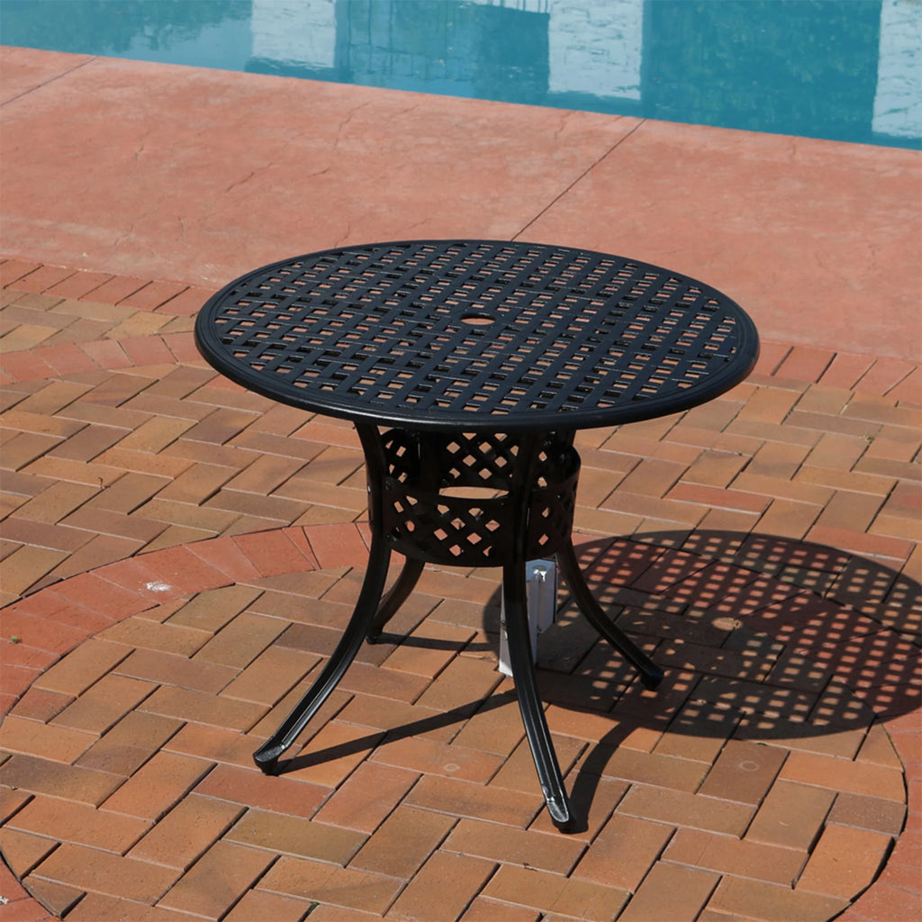 Sunnydaze Decorative Lattice 33" Round Cast Aluminum Outdoor Dining Table with Umbrella Hole