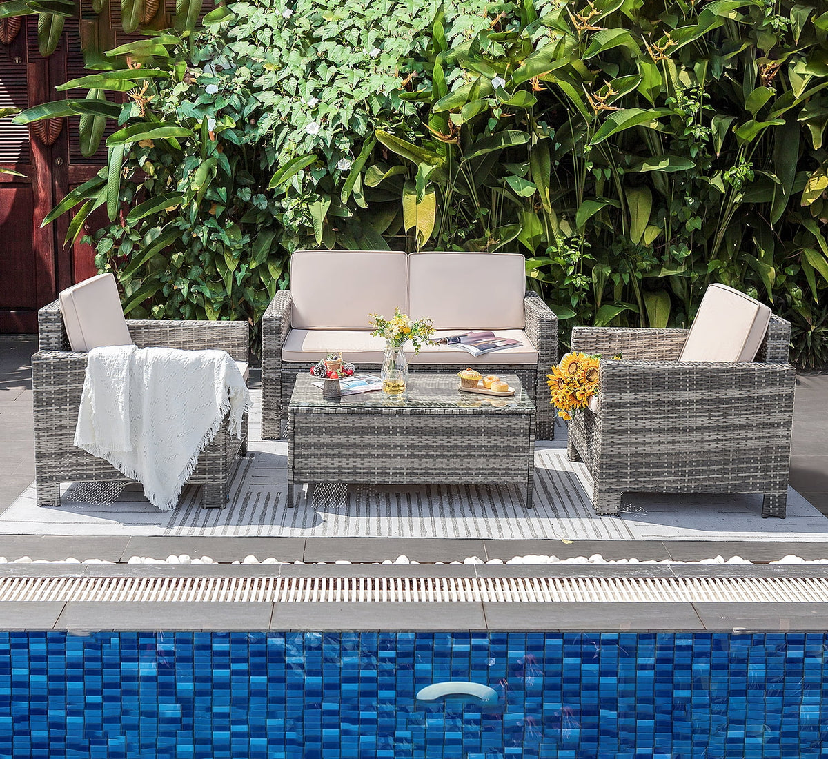 Lacoo 4 Pieces Patio Furniture Sets Rattan Chair Wicker Conversation Sofa Set Outdoor Tble and Chairs for Backyard Porch Garden Poolside Balcony, White