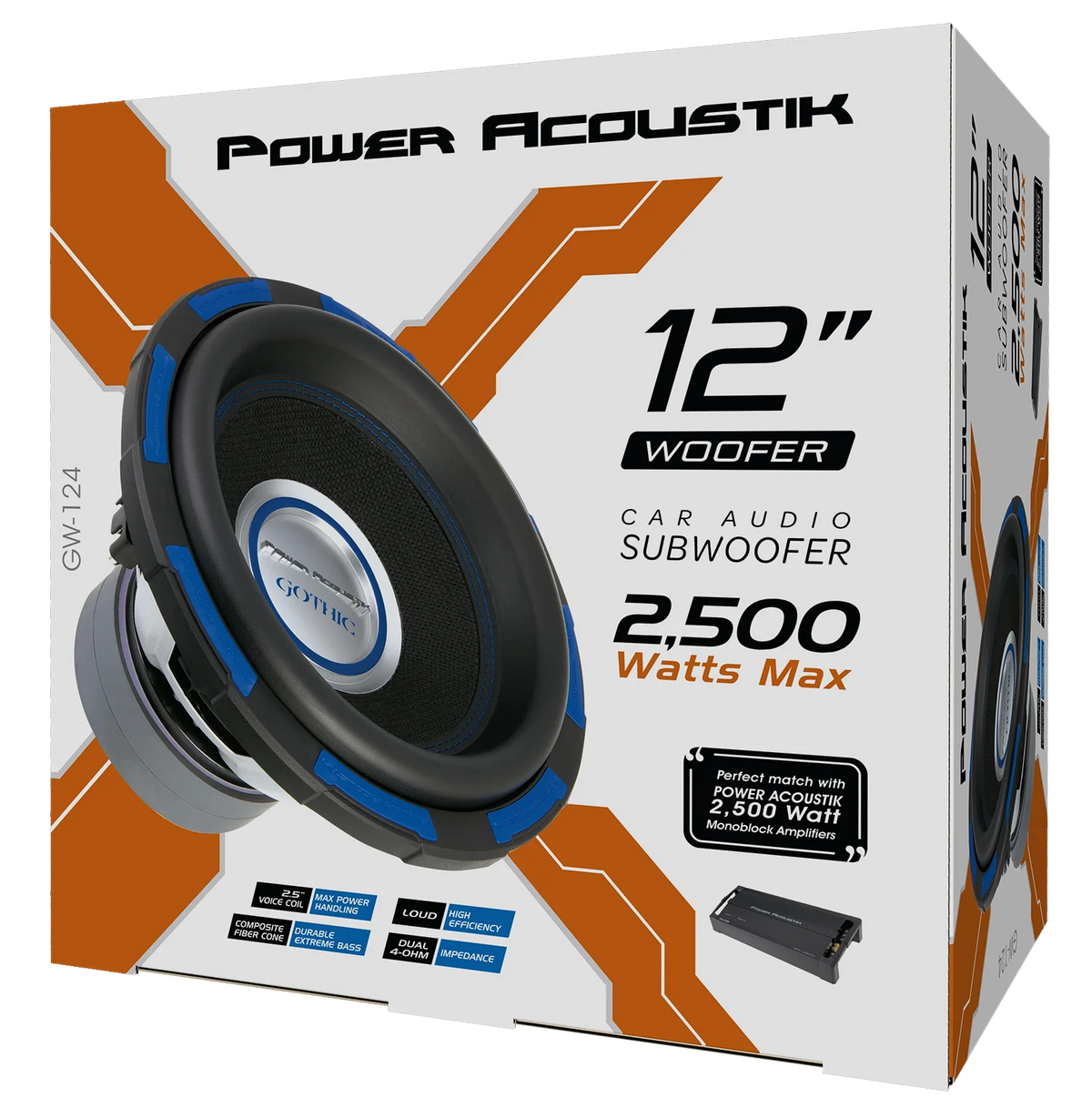Power Acoustik Gothic Series GW-124 Premium 12" Subwoofer - 2,500 Watt Max, Composite Fiber Rigid Cone (New)
