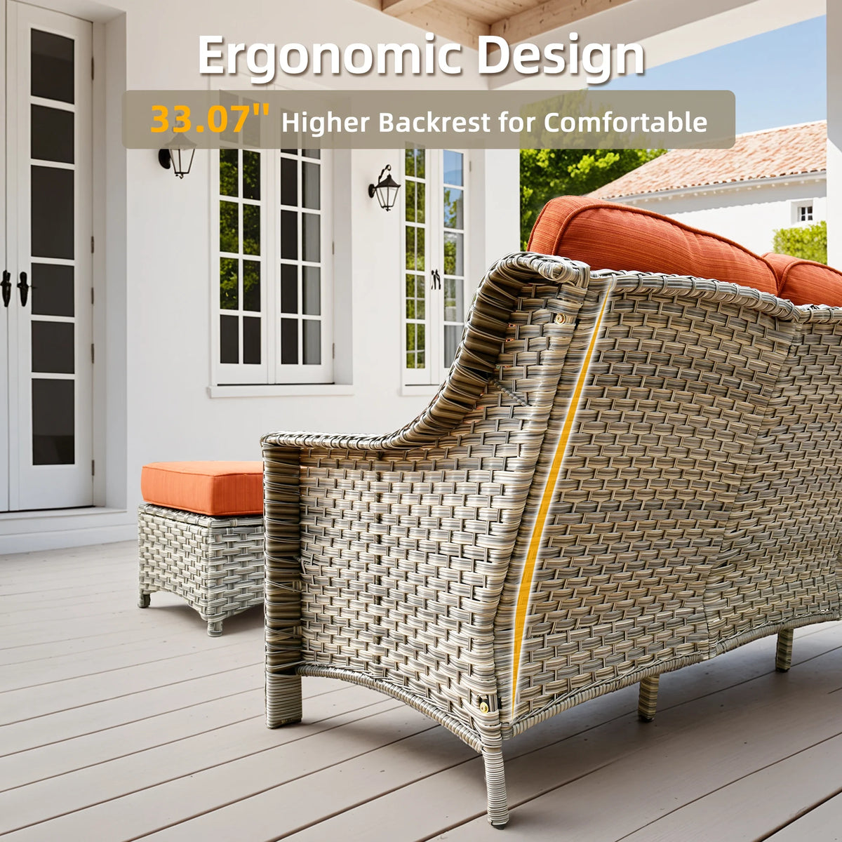 Ovios Outdoor Patio Sofa 3-Seater with Cushions All-Weather Wicker Rattan Couch for Garden, Porch, or Backyard