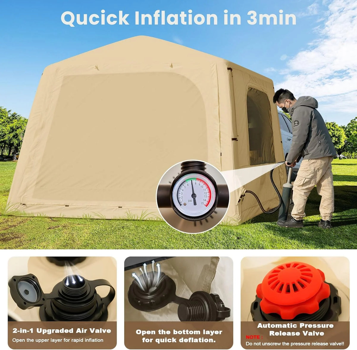 Inflatable Tents for Camping, Blow Up Tent with Canopy, Easy Setup Inflatable Camping Tent with Stove Jack, Waterproof Oxford Air Glamping Tents for Camping Adult 8-10 Person