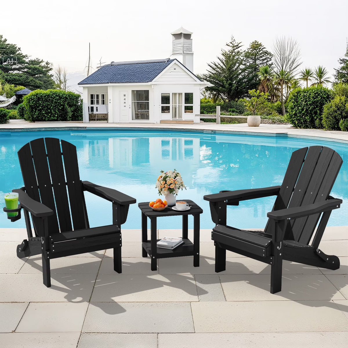 SERWALL Outdoor Adjustable Folding HDPE Adirondack Chairs Set of 2 with Cup Holder, Gray