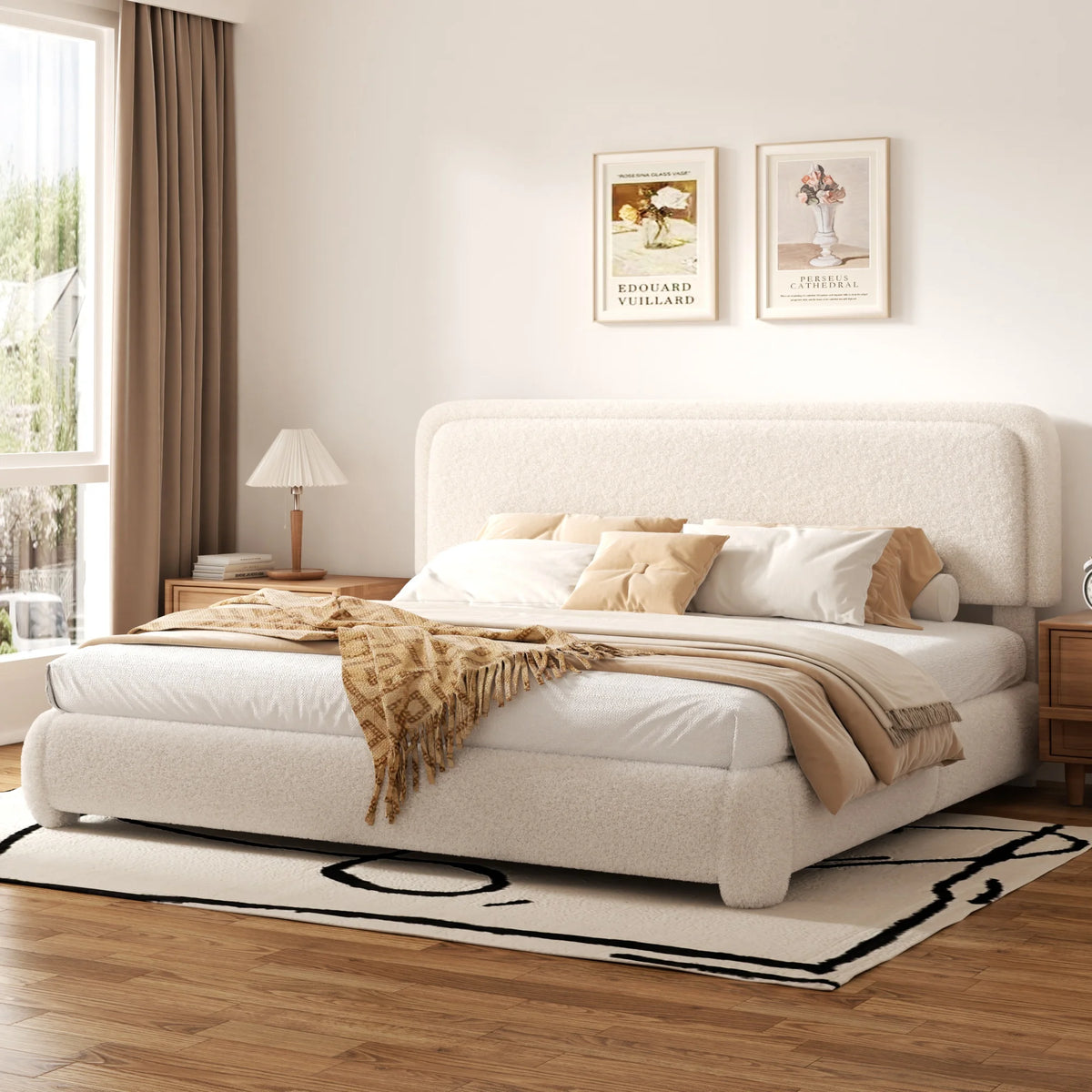 VIPLOV King Size Boucle Bed Frame, Cloud Upholstered Platform Bed with Height Adjustable Headboard & Soft Rounded Corners, No Noise Free, Easy Assembly,Beige