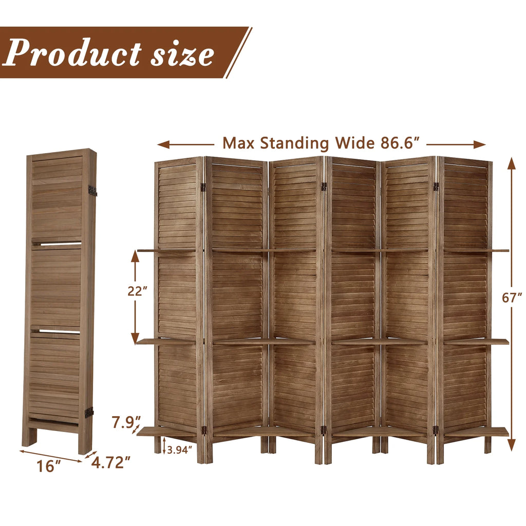 6-Panel Room Divider with Shelves5.6ft Tall Folding Privacy Screen Panels, Room Divider Wall, Divider for Room Separation, Room Divider ShelvesEffectively Block SightNatural