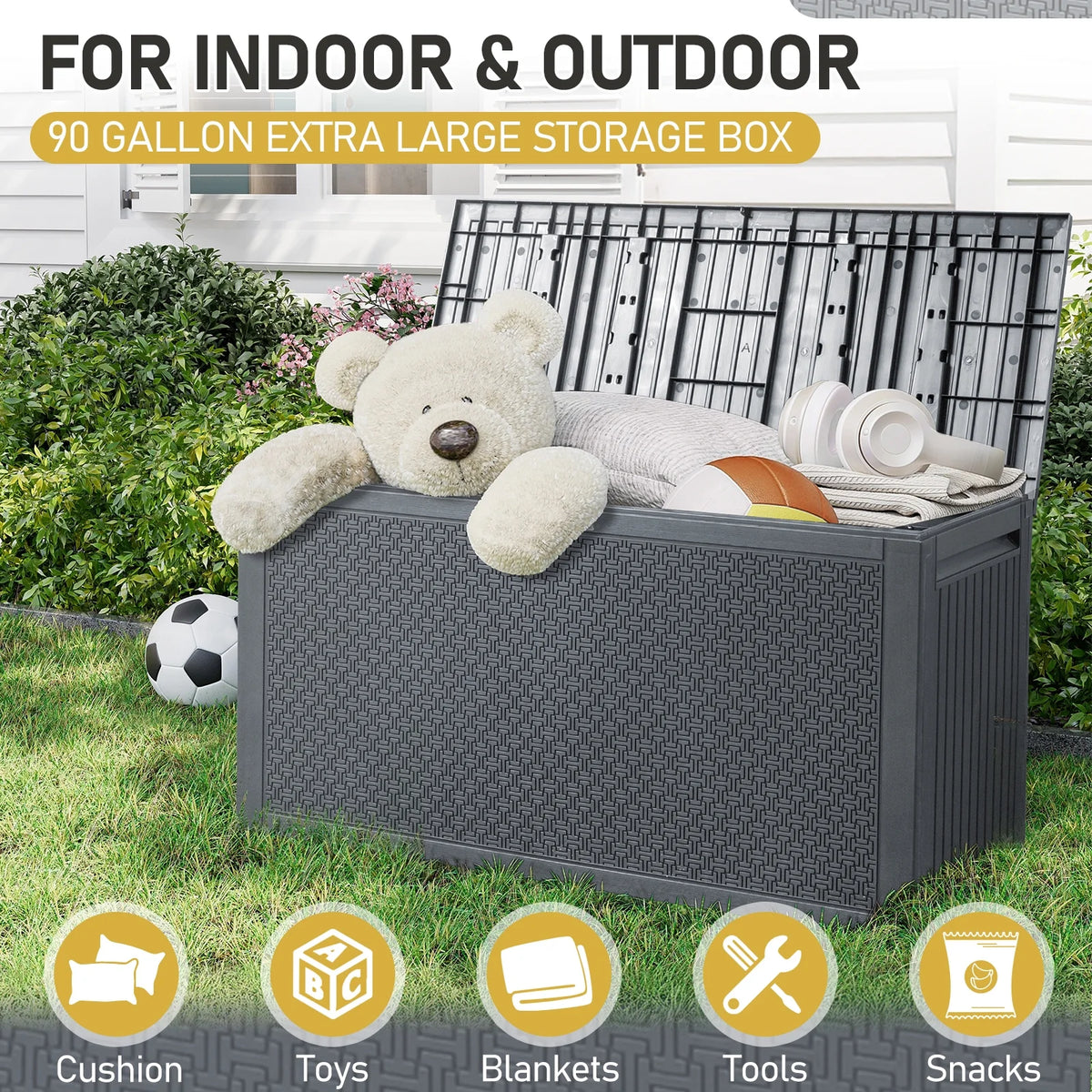 Ktaxon 90 gal Outdoor Garden Plastic Storage Deck Box Gray