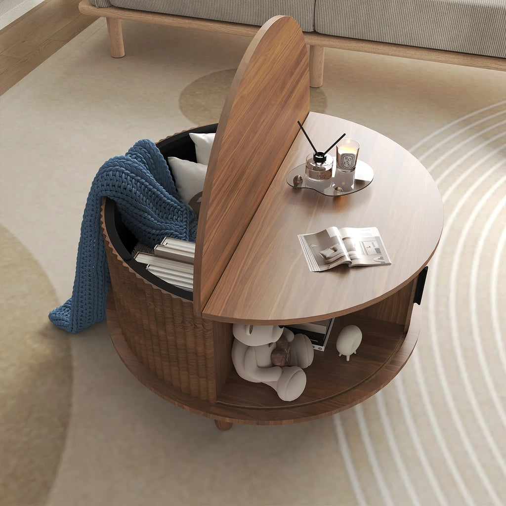 RUMLIVE Round Coffee Table with Storage, 30.7" Modern Coffee Table with 360 Curved Sliding Door, Fluted Wood Coffee Table with Footpads, Round Center Table for Living Room, Black