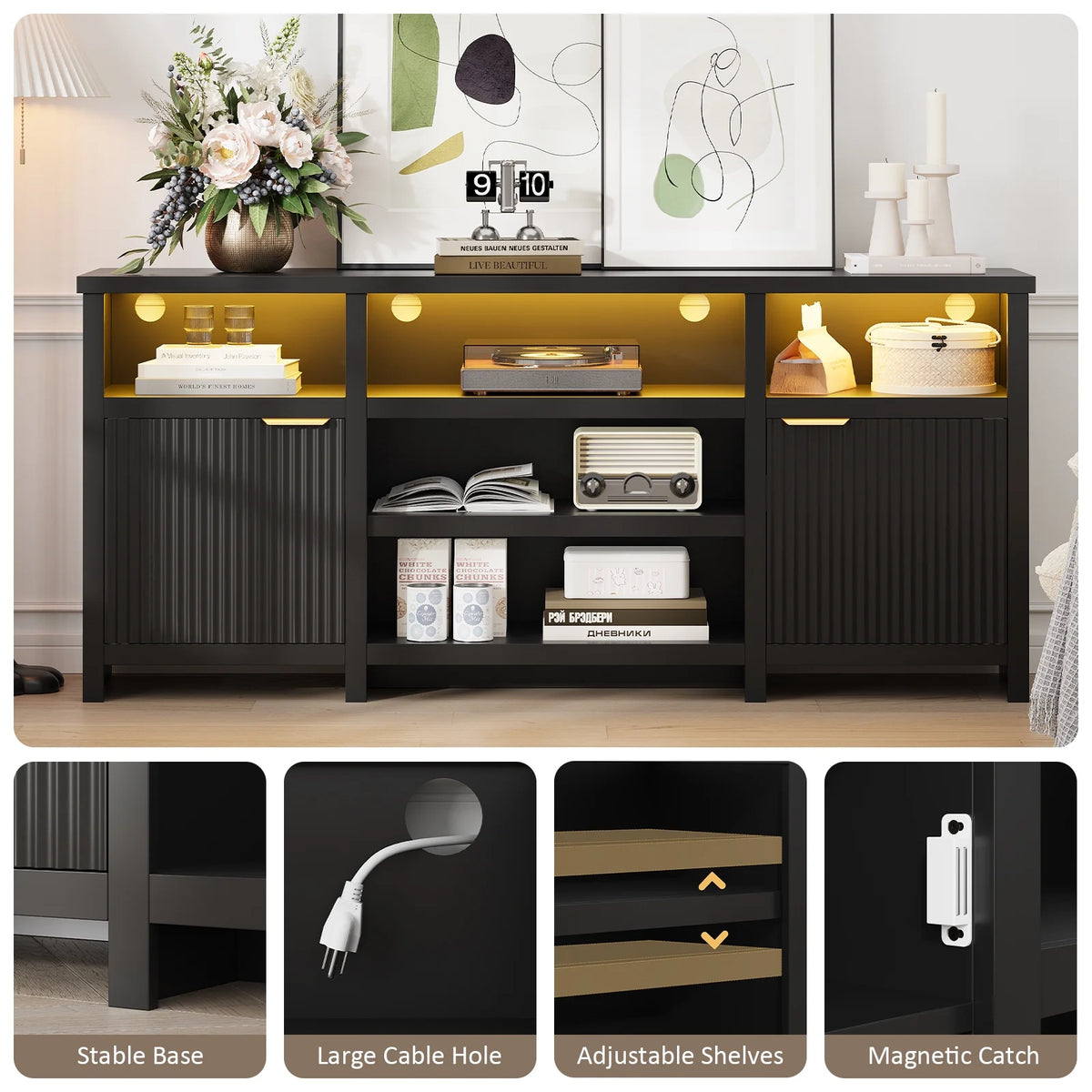 Planntonneo Mid-Century Modern Fluted TV Stand Wooden Media Console Entertainment Center for Living Room, Walnut Color