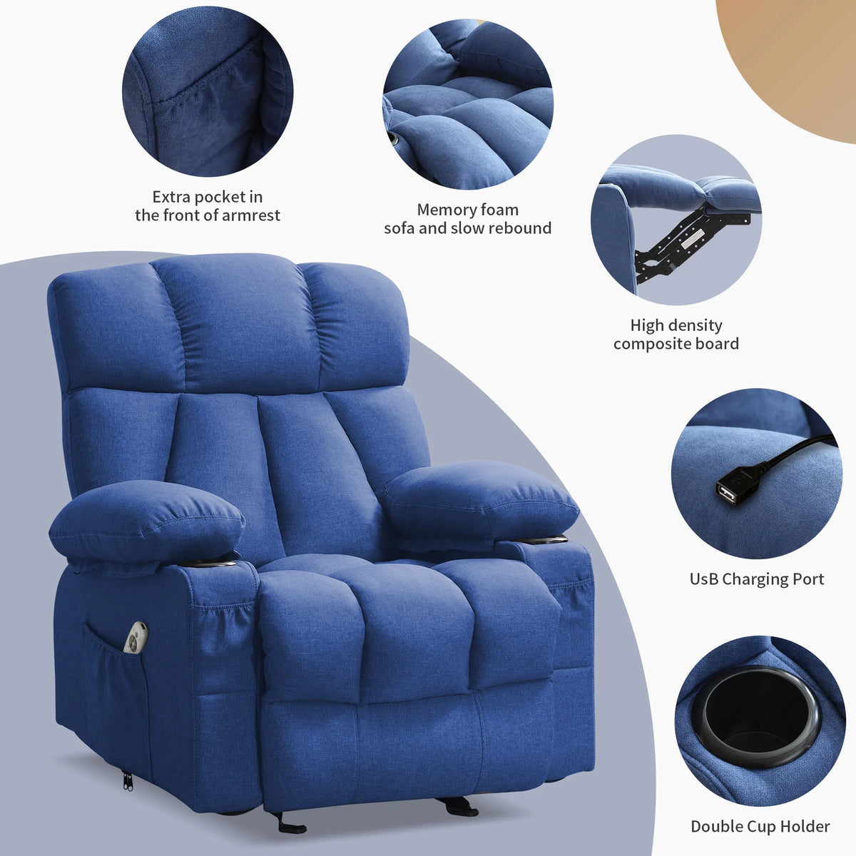 JONPONY Manual Recliner Chair with Heat Therapy and Massage Function, Heavy Duty Reclining Mechanism Massage Chair, Elderly Single Rocker Sofa with Cup Holders for Bedroom Home Theater,Grey