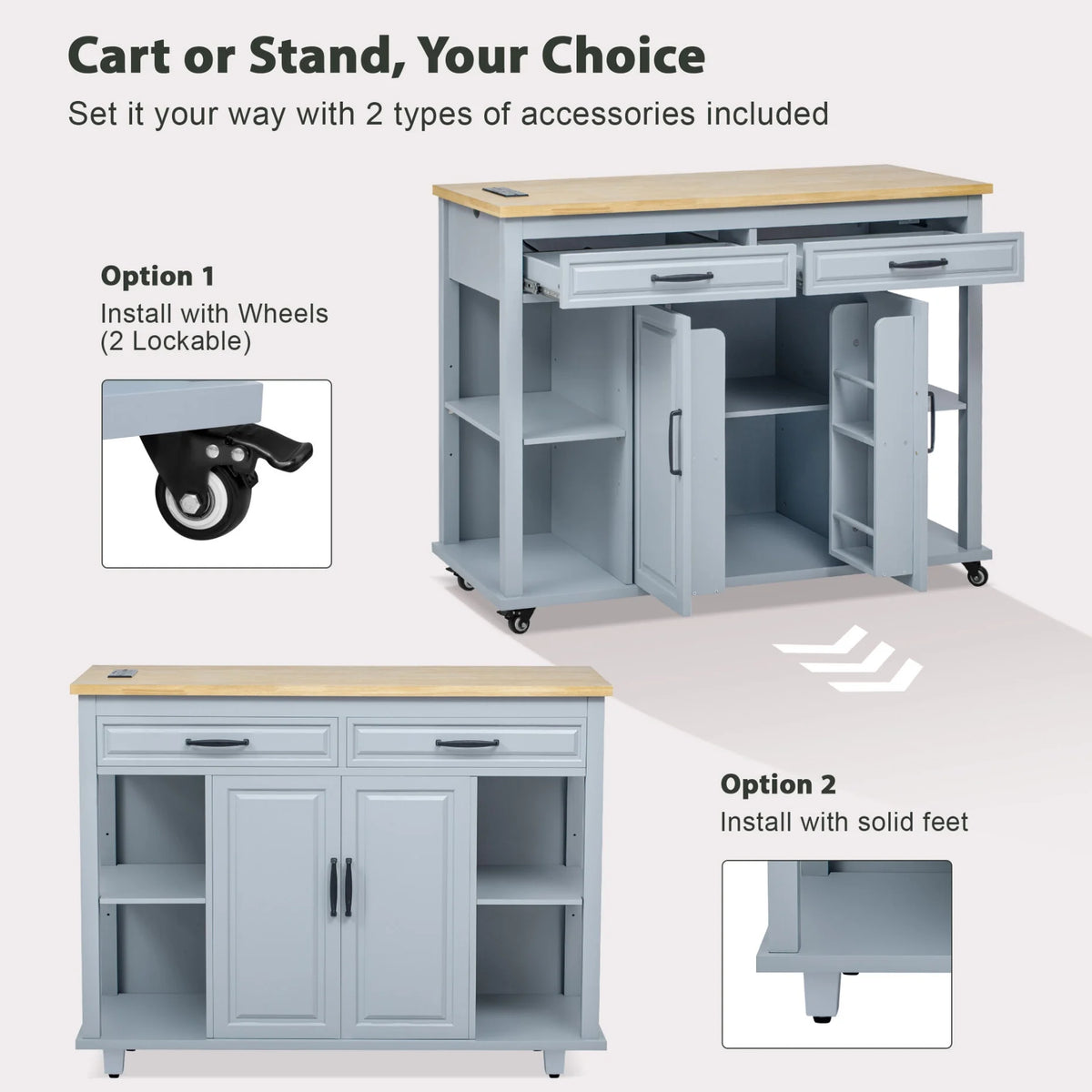 Kitchen Island with Extendable Table and Power Outlet, Wood Kitchen Rolling Cart with 2 Drawers & 2 Cabinets, Internal Storage Rack and Adjustable Shelf, Grey Blue