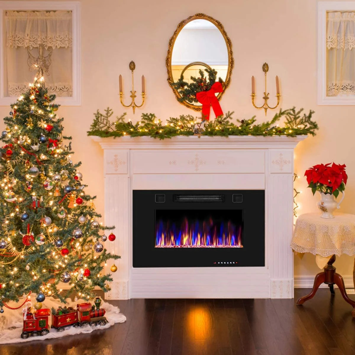Costway 36'' Electric Fireplace Recessed Ultra Thin Wall-Mounted Heater w/Multicolor Flame