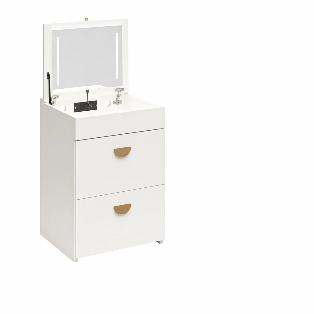 Ameriwood Home Compact 3-in-1 Vanity Set, Makeup Storage Desk & Stool, Mirror w/ LED lights & USB Charging Station, White