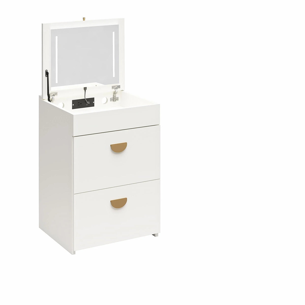 Ameriwood Home Compact 3-in-1 Vanity Set, Makeup Storage Desk & Stool, Mirror w/ LED lights & USB Charging Station, White
