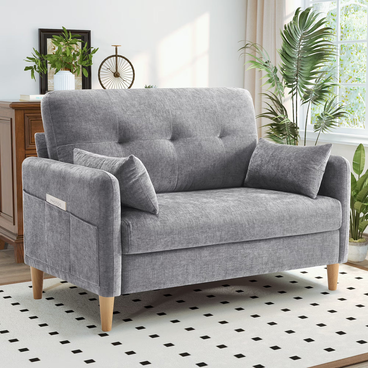 BedLuxury 47'' Wide LoveSeat, 2-seat Chenille sofa with 2 Pillows for Living Room and Small Spaces, Dark Grey