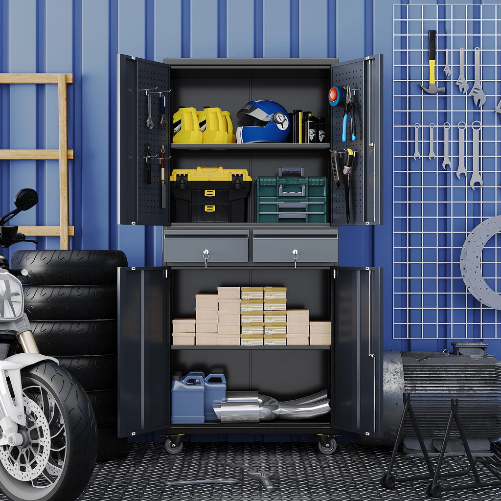 GangMei 71 Inches Tall Metal Garage Storage Cabinets with 5 Adjustable Shelves & Pegboards, Lockable Steel Black Storage Cabinet with Doors for Office, Home, School, Shops, Garage, Assembly required
