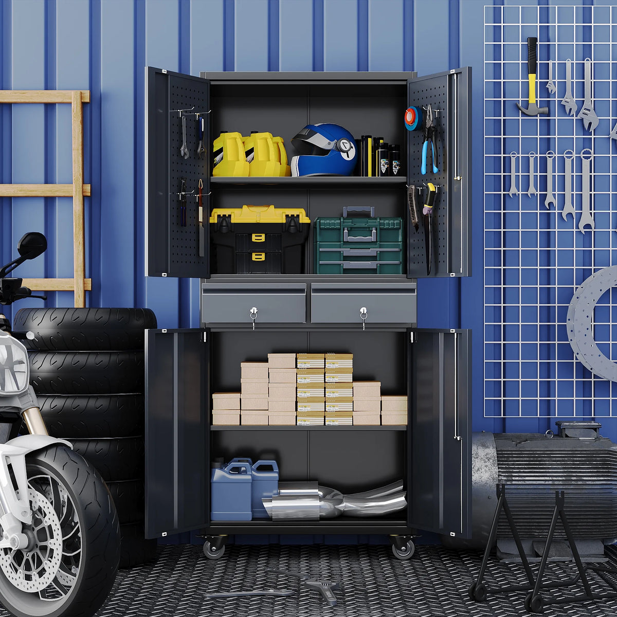 GangMei 71 Inches Tall Metal Garage Storage Cabinets with 5 Adjustable Shelves & Pegboards, Lockable Steel Black Storage Cabinet with Doors for Office, Home, School, Shops, Garage, Assembly required