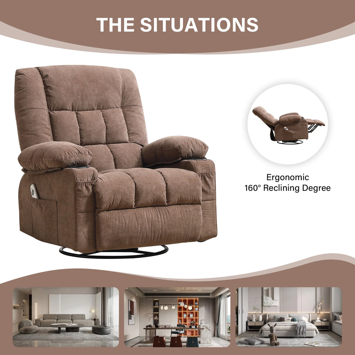 JONPONY Manual Recliner Chair with Heat Therapy and Massage Function, Heavy Duty Reclining Mechanism Massage Chair, Elderly Single Rocker Sofa with Cup Holders for Bedroom Home Theater,Blue